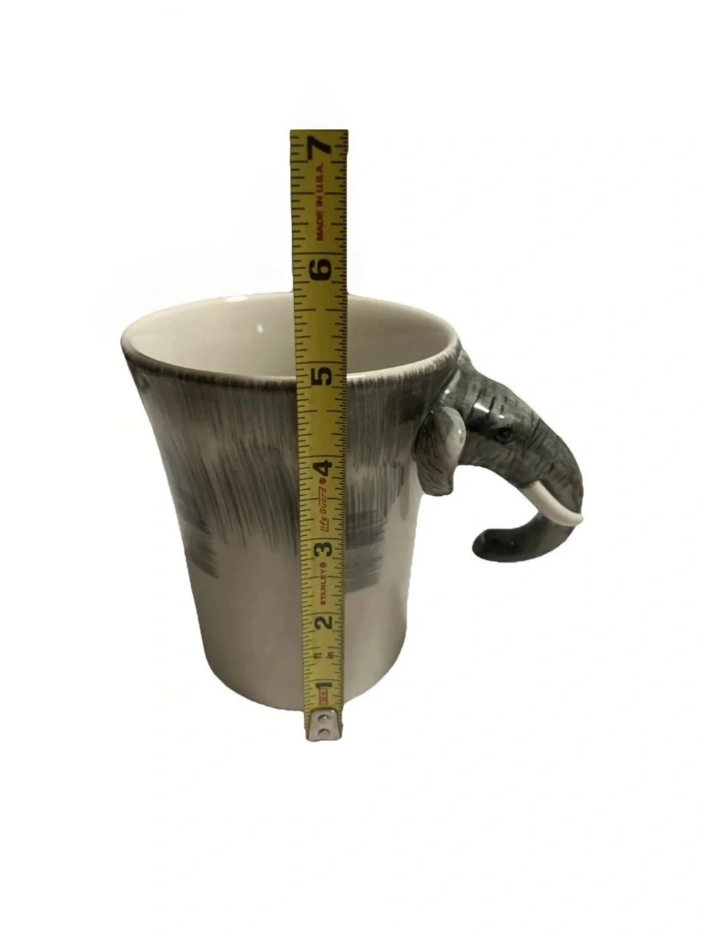 Elephant-Handle Ceramic Art Mug in Gray and Cream